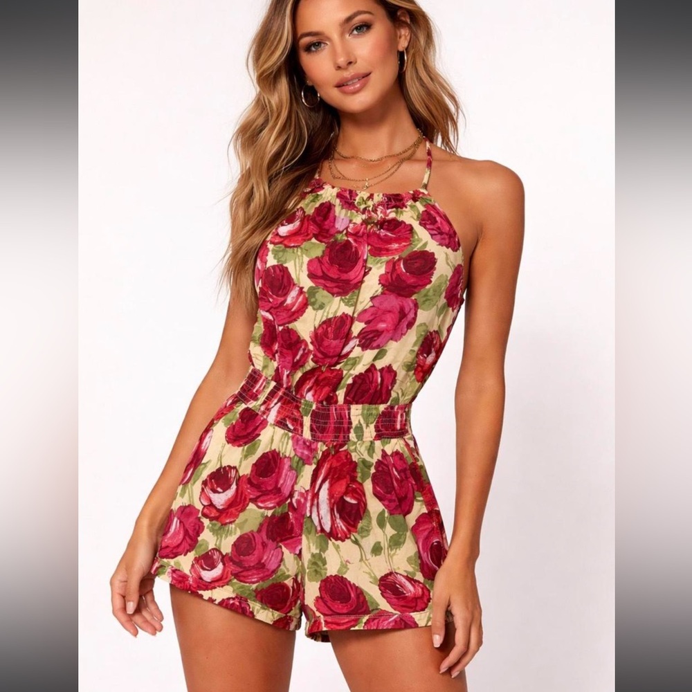 ABERCROMBIE & FITCH PINK FLORAL ROSE SMOCKED TIE NECK COTTON POCKET ROMPER M Y2K